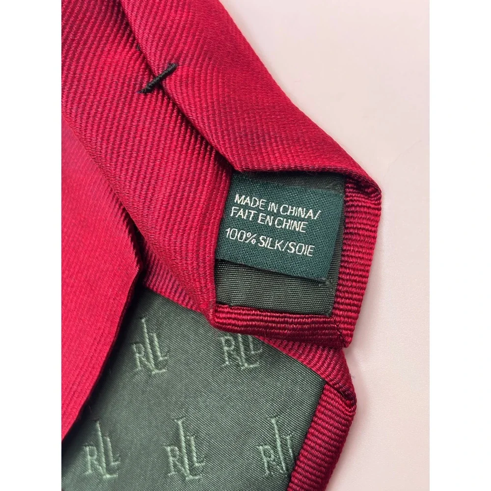 Lauren Ralph Lauren Mens Burgundy Red Silk Crest Embroidered Tie RL Logo Ribbed